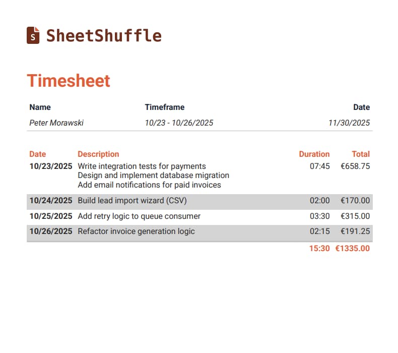 PDF Timesheet Generation Interface